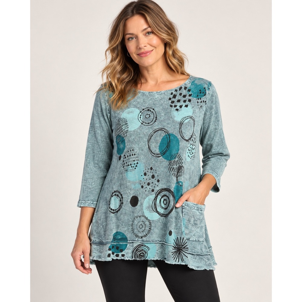 Jess & Jane Magic Dots Mineral Wash Tunic Top Blue Lagenlook Artsy Pocket Size S